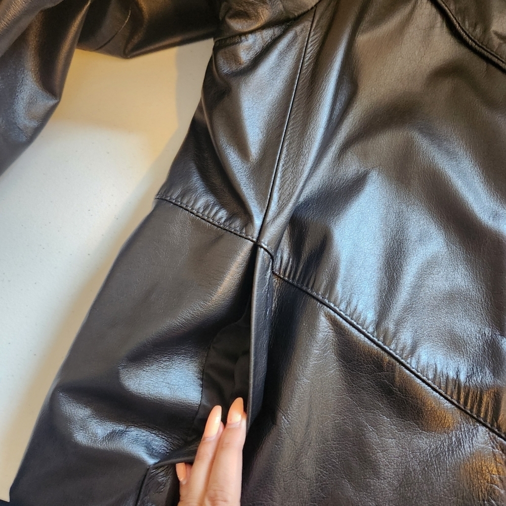 Vintage Black Leather Coat Jacket Midi 90s 1990s Womens Size 1X Loose Oversized - Picture 7 of 15